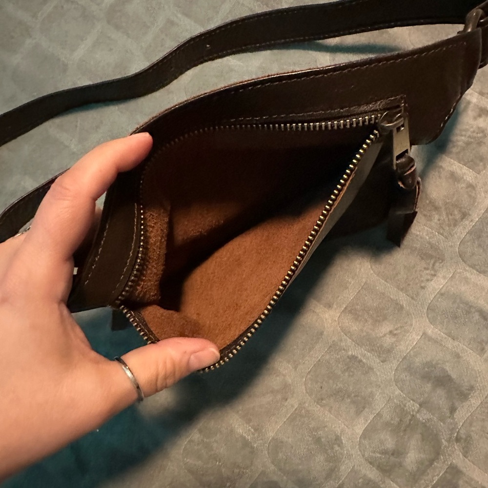 Handmade, Deep Brown, leather belt bag, with bronze hardware.